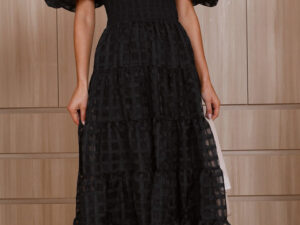 Black Off the Shoulder Dress with Sleeves Long Smocked Bishop Dress Casual Summer for Women