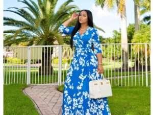 Blue Floral Maxi Dress A Line Tie Waist Wrap Elbow Sleeve Dress (Copy)
