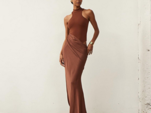 Cut Out Knit Dress Brown Asymmetric Sexy Sleeveless Fitted Maxi Dress
