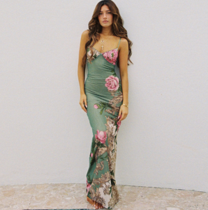 Green Floral Slip Dress Midi Vintage Long Sexy Backless Bodycon Beach Dress Sundress