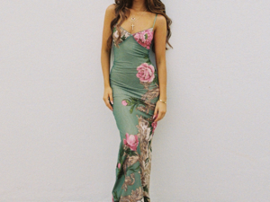 Green Floral Slip Dress Midi Vintage Long Sexy Backless Bodycon Beach Dress Sundress