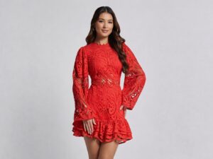 Red Lace Dress Long Sleeve Mini Womens Sexy Vintage Hollow Out Bell Sleeve A Line Ruffle Prom Dress