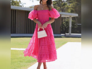 Smocked Bishop Dress Fuchsia Off the Shoulder Dress Midi Casual with Sleeves Summer for Women