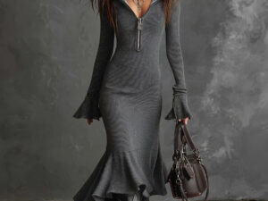 Black V Neck Knitted Ribbed Bell Long Sleeve Mermaid Midi Dress Plus Size White Grey Army Green