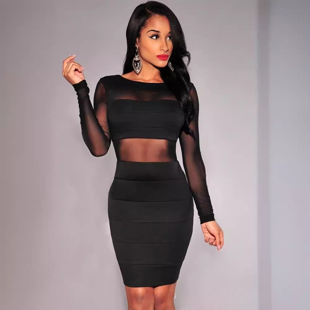 Sexy Black Mesh See Through Long Sleeve Open Back Mini Dress Petite Medium Plus Size