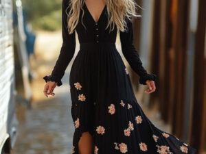 Vintage Cowboy V Neck Floral Print Long Sleeve Asymmetrical Midi Dress Plus Size